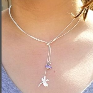 Sterling Silver Alexandrite Bee & Dragonfly Lariat Necklace, June Birthstone